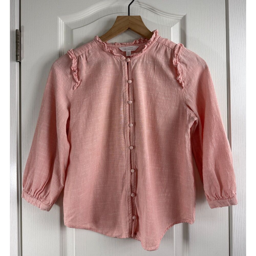 LC Lauren Conrad Women’s XS Pink White Stripe Ruffle Button Front Blouse